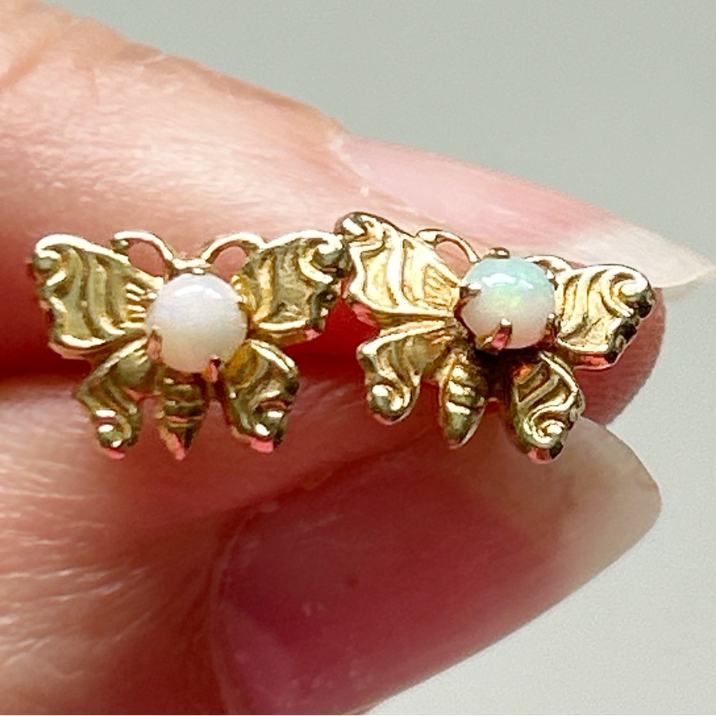 Adorable 14 Kt Gold Opal Butterfly Earrings